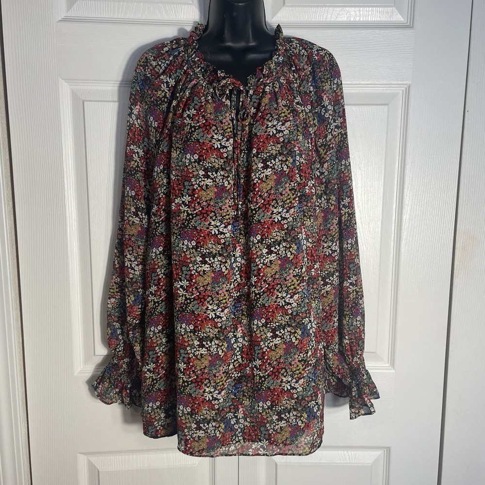 Chicsoul Shirt Women 2X Multicolor Floral‎ Long Sleeve Sheer Lined Keyhole Neck